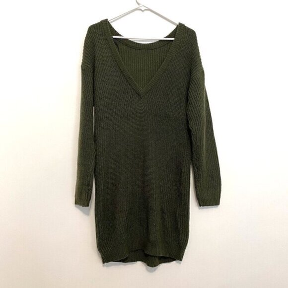 LULUS LULU'S Bringing Sexy Back Backless Sweater Dress Olive Green V-Neck Back M - Picture 11 of 15